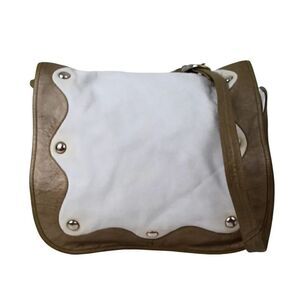 ROOMY TRIBECA WHITE BROWN GENUINE LEATHER FLAP STUDS SHOULDER BAG HANDBAG PURSE
